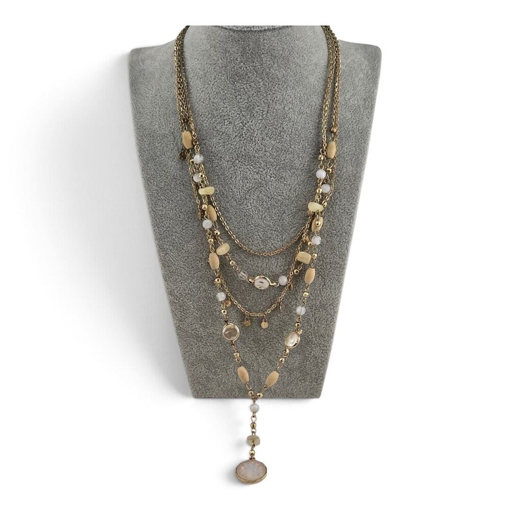Vintage Boho Multi Strand Gold Tone Beaded Layered Necklace Mother of Pearl